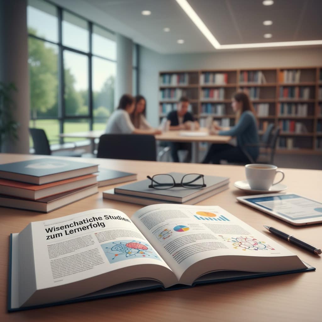Ein aufgeschlagenes Fachbuch über wissenschaftliche Studien zum Lernerfolg in einer modernen Bibliothek.