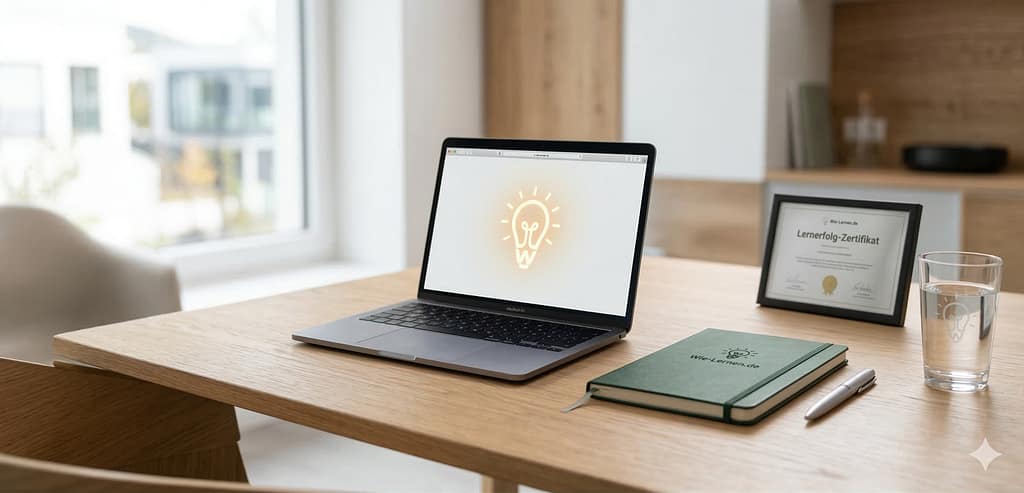 Moderner Lernplatz mit Laptop, leuchtendem Glühbirnen-Symbol für Lernideen und Lernerfolg-Zertifikat auf wie-lernen.de