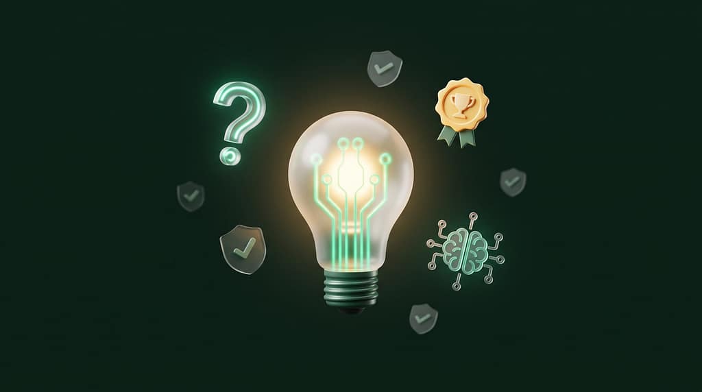 Lernstrategien-Quiz: 3D-Illustration einer leuchtenden Glühbirne aus Glas mit Fragezeichen und Quiz-Symbolen für effektive Lernmethoden