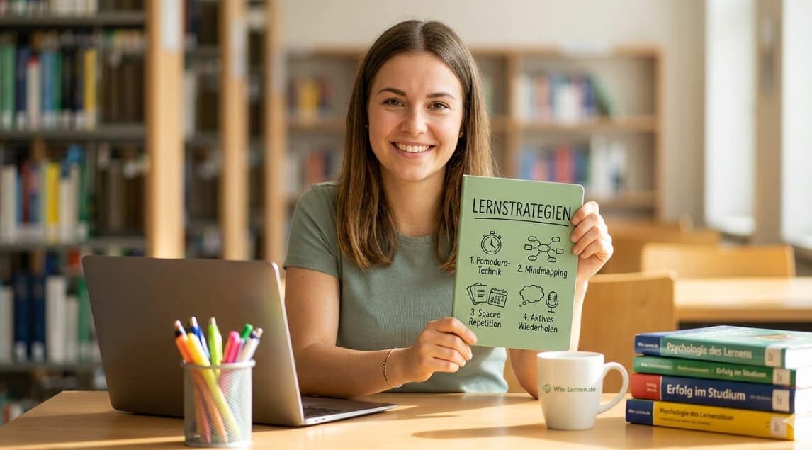 Motivierende Infografik zu effektiven Lernstrategien wie Pomodoro-Technik, Mindmapping, Spaced Repetition und aktivem Wiederholen auf einem Notizbuch.