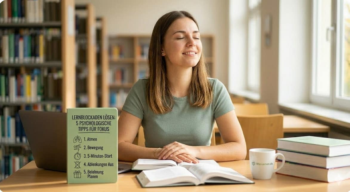 Motivierende Fotografie einer Studentin, die erleichtert und fokussiert an einem Schreibtisch sitzt, nachdem sie Lernblockaden mit psychologischen Tipps geloest hat. Ein Notizbuch zeigt den Titel und Symbole.