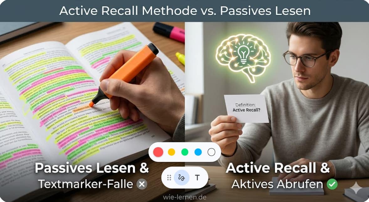 Vergleich zwischen ineffektivem Markieren von Texten und der Active Recall Methode durch Karteikarten.