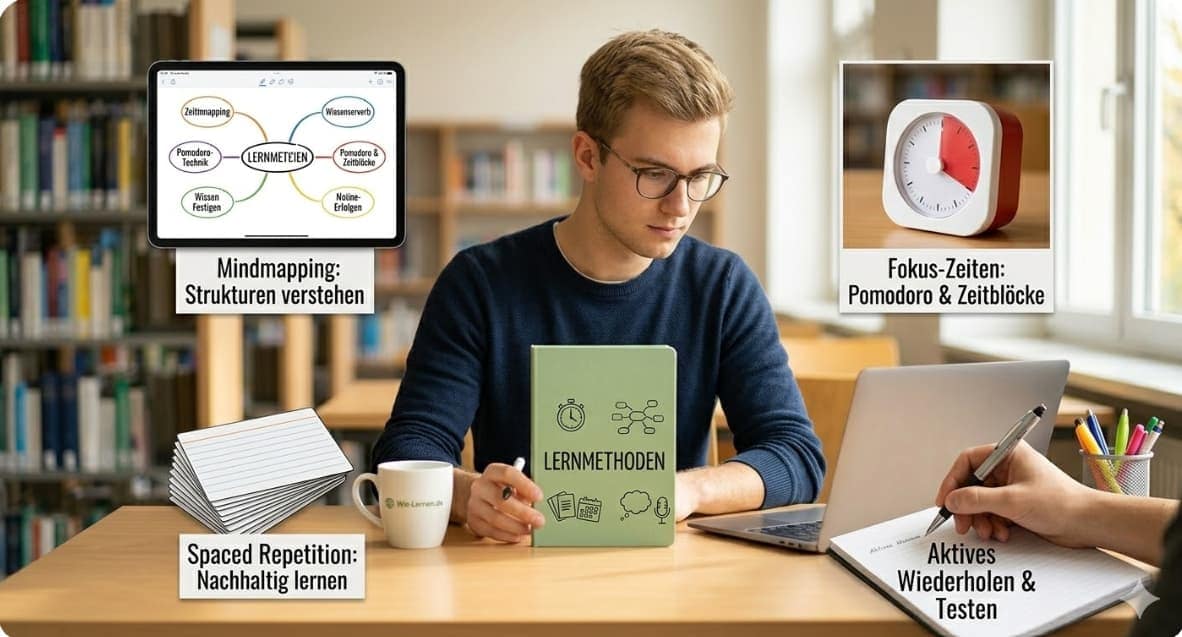 Motivierende Infografik zu konkreten Lernmethoden wie Pomodoro-Technik, Mindmapping, Spaced Repetition (Karteikarten) und Zeitbloecke auf einem Schreibtisch.
