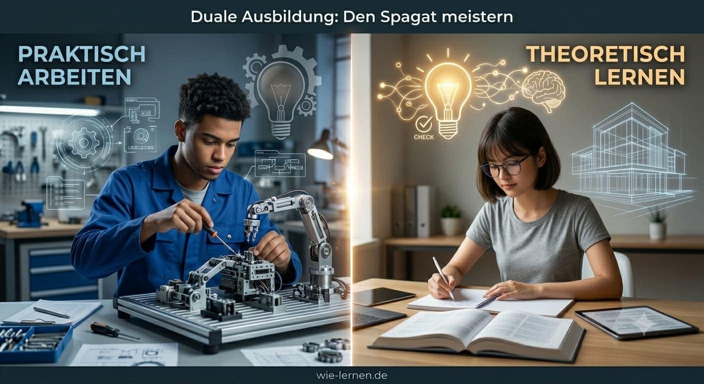 Auszubildender verknüpft praktische Arbeit im Betrieb mit theoretischem Lernen für die Berufsschule.