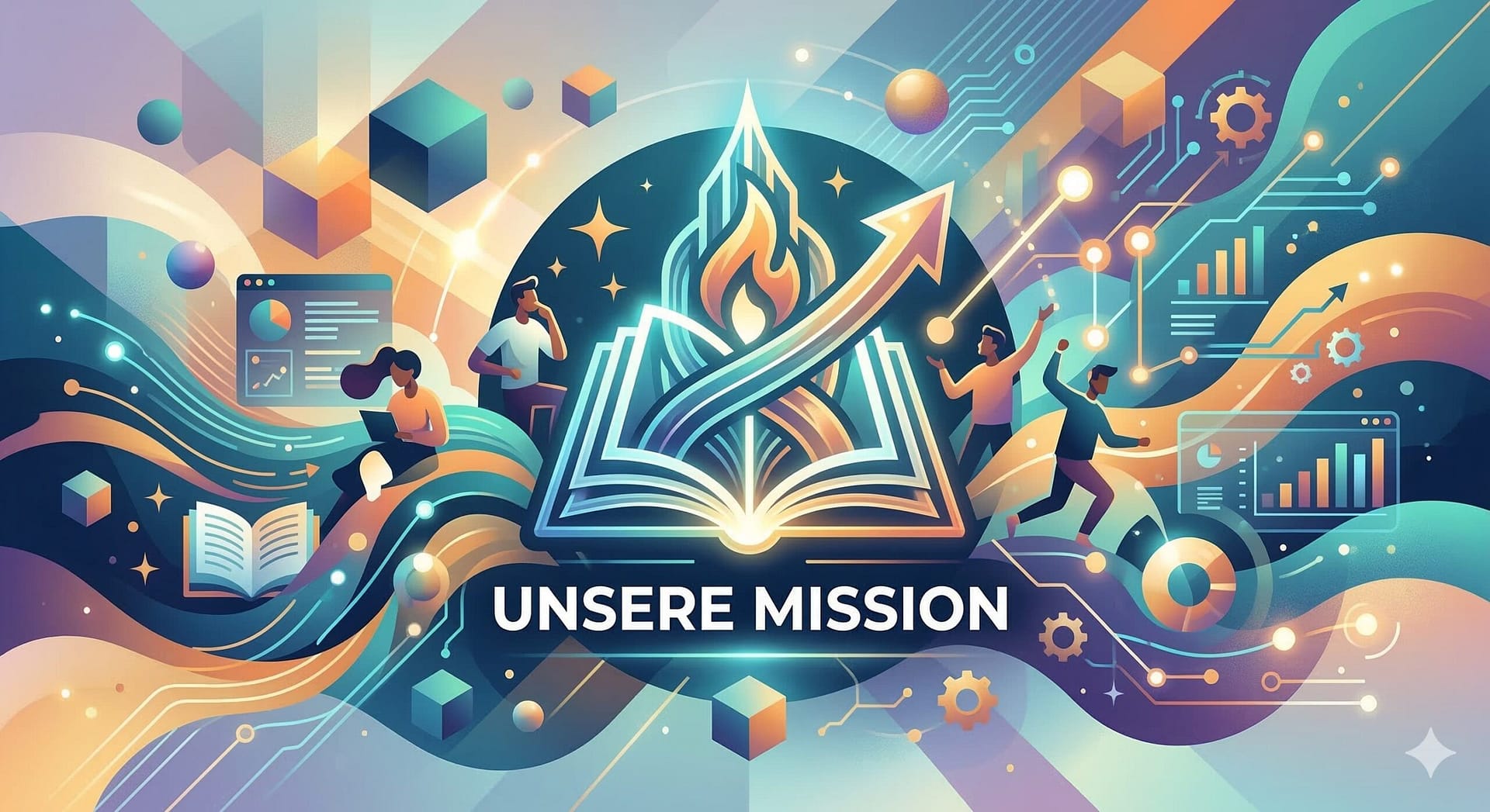 Eine farbenfrohe, moderne Illustration mit dem Titel 'UNSERE MISSION', die ein aufgeschlagenes Buch mit einem aufsteigenden Erfolgspfeil zeigt, umgeben von lernenden Menschen und abstrakten geometrischen Formen auf wie-lernen.de.