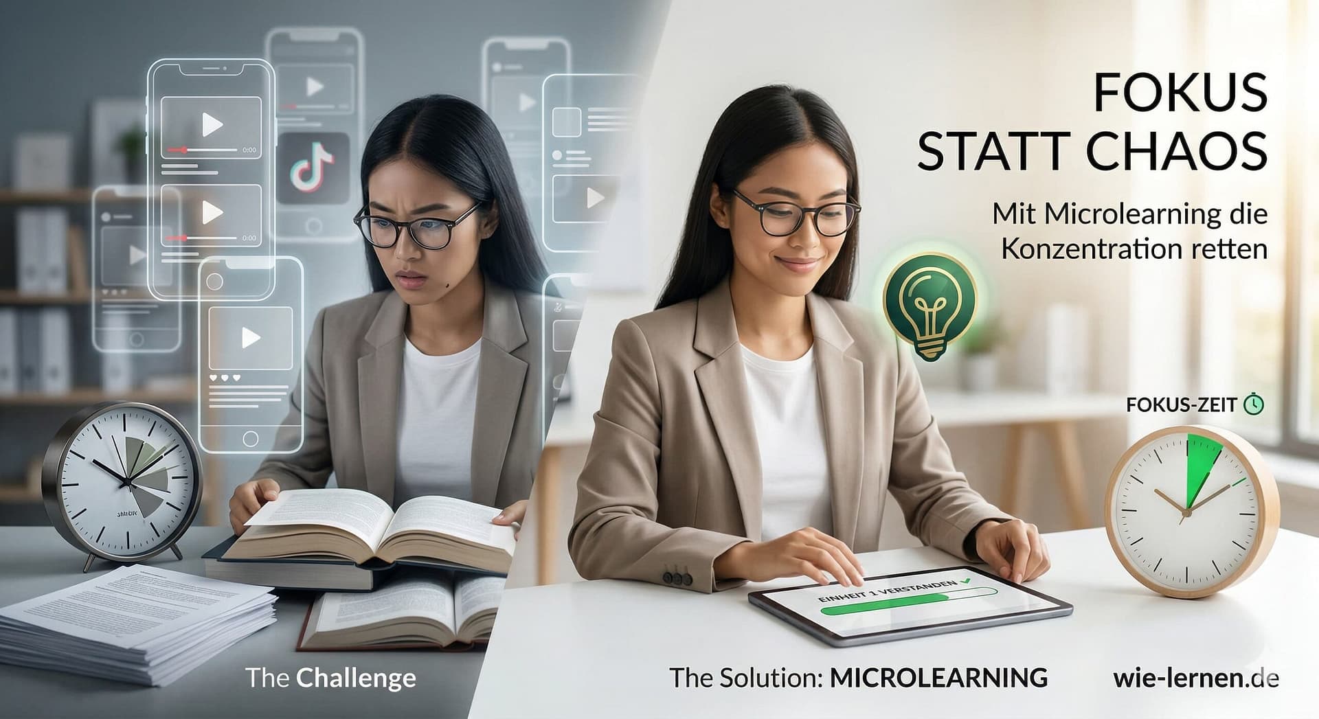Vergleich zwischen digitaler Ablenkung durch TikTok und fokussiertem Lernen mit der Microlearning-Strategie auf einem Tablet.