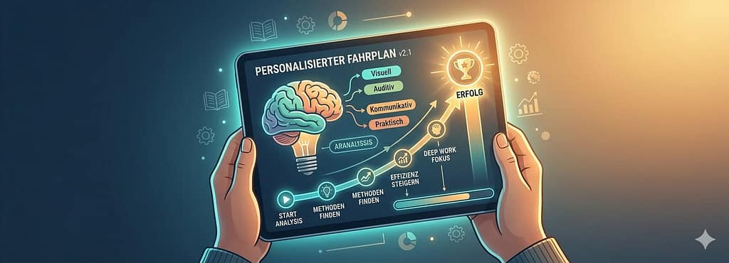 Eine illustrative Grafik, die den personalisierten Fahrplan nach dem Lerntyp-Test auf Wie-Lernen.de visualisiert. Sie zeigt ein modernes Tablet, das in Händen gehalten wird. Auf dem Bildschirm ist ein leuchtender kognitiver Pfad zu sehen, der von einem Gehirn-Symbol zu einem strahlenden Erfolg-Icon führt, consistent with the established style. Verschiedene Meilenstein-Icons wie 'Analyse', 'Fokus', 'Souveränität', 'Nachhaltigkeit' und 'Effizienz' markieren den Weg. Um das Tablet schweben vernetzte kognitive Lichtpfade und Symbole. Der Hintergrund ist tiefgrün mit leuchtenden neuronalen Netzmustern.