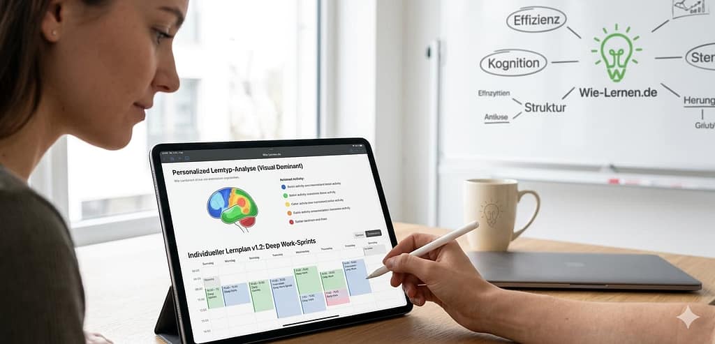 Eine junge Frau nutzt ein Tablet zur Analyse ihres personalisierten Lerntyps und ihres individuellen Lernplans für effektive Deep-Work-Sprints auf wie-lernen.de.