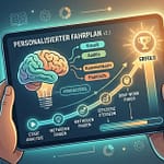 Ein illustrative Grafik für den 'Dein persönlicher Fahrplan' Block auf der Wie-Lernen.de Startseite. Sie zeigt ein leuchtendes Tablet, das einen strukturierten, kognitiv fundierten Lernplan mit einem Fortschrittsbalken und leuchtenden Phasen visualisiert: Analyse, Methoden finden, Deep Work Fokus und Erfolg. Ein Gehirn-Glühbirnen-Symbol (ähnlich image_36.png und image_34.png) ist prominent, umgeben von vernetzten Datenpunkten und Meilenstein-Icons. Der Plan ist individuell und optimiert für effizientes Lernen.