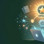 Eine illustrative Grafik für den 'Prüfungen locker meistern' Block auf der Wie-Lernen.de Startseite. Sie zeigt eine entspannte, fokussierte junge Frau (ähnlich previous illustrations) vor einem Laptop, umgeben von einem leuchtenden 'ERFOLG'-Icon (der Erfolg-Stern aus image_14.png und image_26.png) und einem positiven Kreislauf von kognitiver Ruhe, Souveränität, Nachhaltigkeit und Effizienz, die zu kognitivem Erfolg führen. Die Wie-Lernen.de Gehirn-Glühbirne ist ebenfalls integriert. Optimiert für effizientes Lernen.