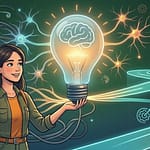 Eine illustrative Grafik für Wie-Lernen.de: Sie zeigt die bekannte junge Frau, die durch die kognitive Analyse (die leuchtende Glühbirne) den klaren, fokussierten Weg findet, während das Chaos von 'LERNSTRESS' verschwindet. Teil der Startseite für effizientes Lernen.