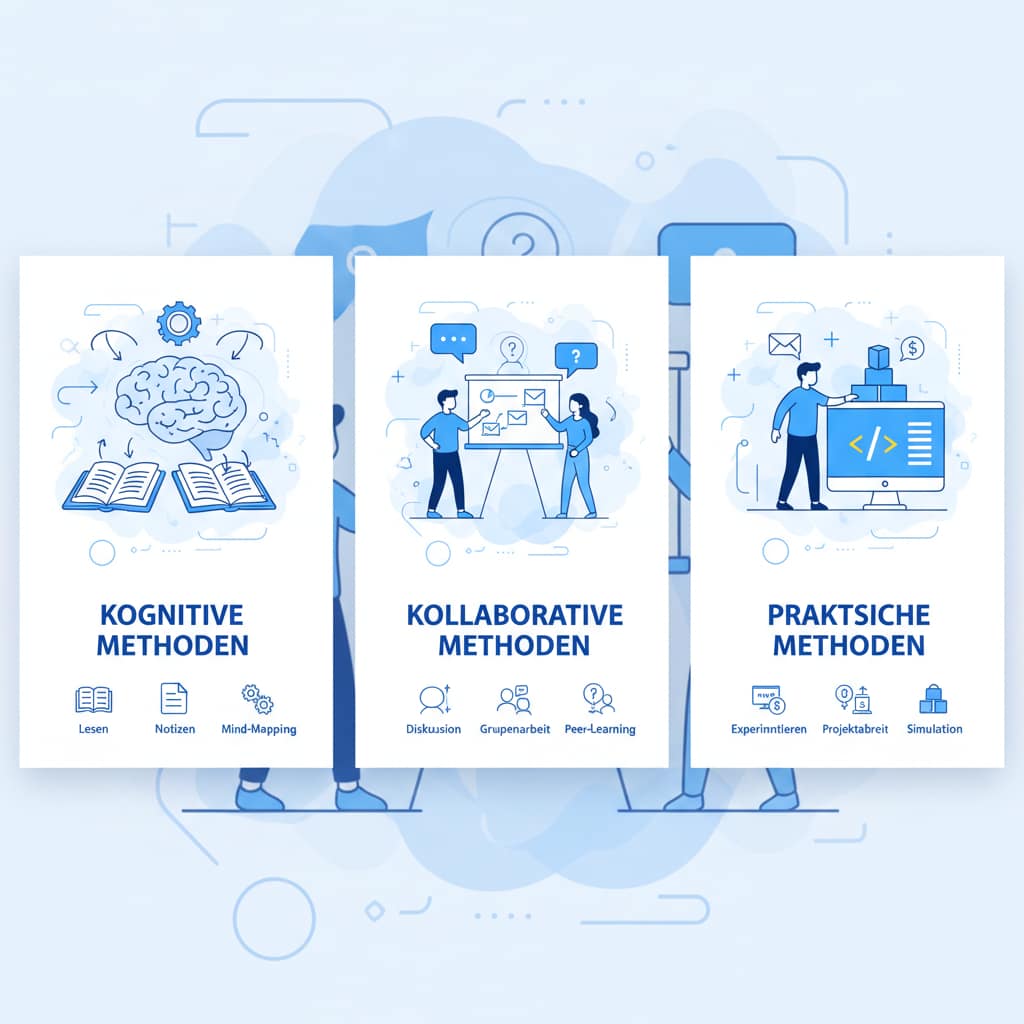Illustration verschiedener kognitiver und praktischer Lernmethoden für deinen Lernplan.