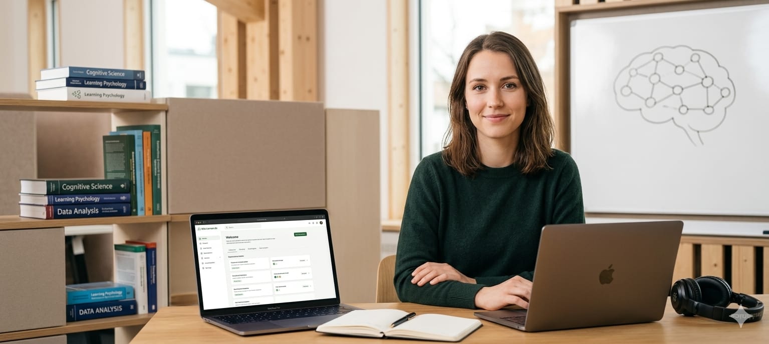 Freundliche Mitarbeiterin von Wie-Lernen.de am Schreibtisch.