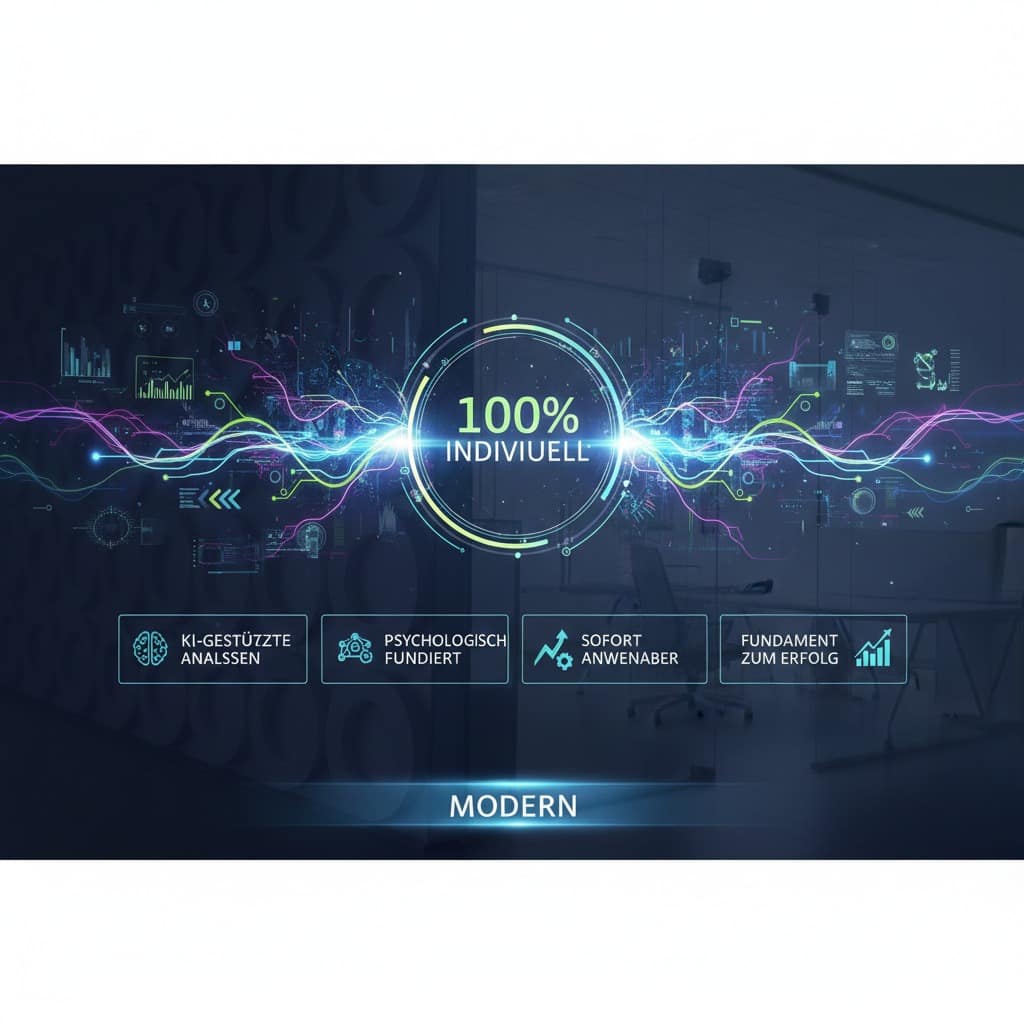 Ein dreiteiliges Composite-Bild auf dunklem Hintergrund, das den umfassenden Ansatz von 'Wie-Lernen.de' zeigt. Links ein technisches Diagramm für '100% INDIVIDUELL' mit KI-GESTÜTZTEN ANALYSEN, psychologischem Fundament und sofortiger Anwendbarkeit. Mittig eine goldene neuronale Netzwerk-Visualisierung mit dem zentralen 'Wie-Lernen.de' Logo, vernetzt mit 'Basisstrategie', 'Anwendung' und 'Lernerfolg'. Rechts ein 3D-Graph der 'Freude am Lernen' und 'Selbstwirksamkeit', der durch 'Dopamin-Belohnung' und 'Nachhaltigkeit' zu 'Lernerfol...' und einer leuchtenden Glühbirne führt. Alles visualisiert einen datengestützten, kognitiv fundierten Coaching-Prozess für maximalen Erfolg.