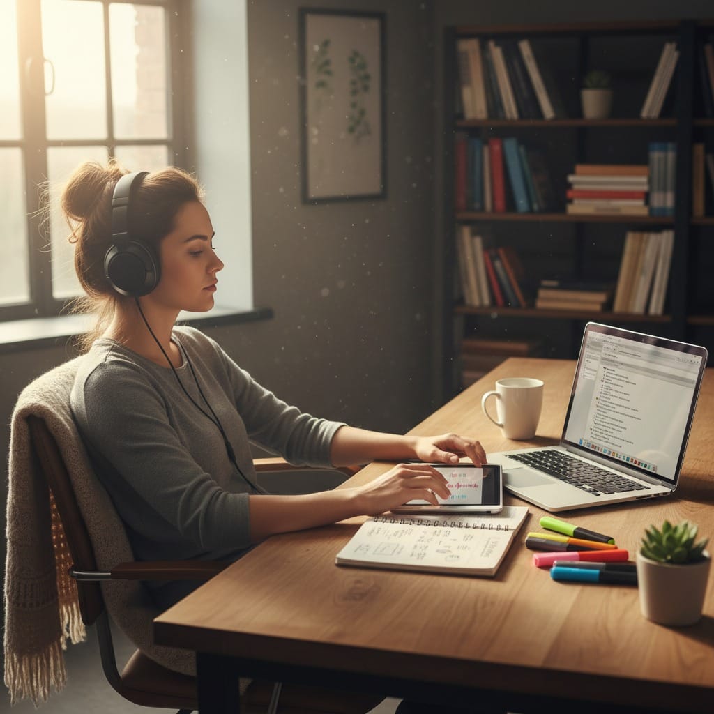 Eine illustrative Grafik für den auditiven Lerntyp auf Wie-Lernen.de. Eine Studentin sitzt an ihrem Schreibtisch und trägt große Kopfhörer. Sie hört sich konzentriert eine Audio-Lektion auf ihrem Tablet an, während ihr Laptop offen steht, consistent with the established visual aesthetic.