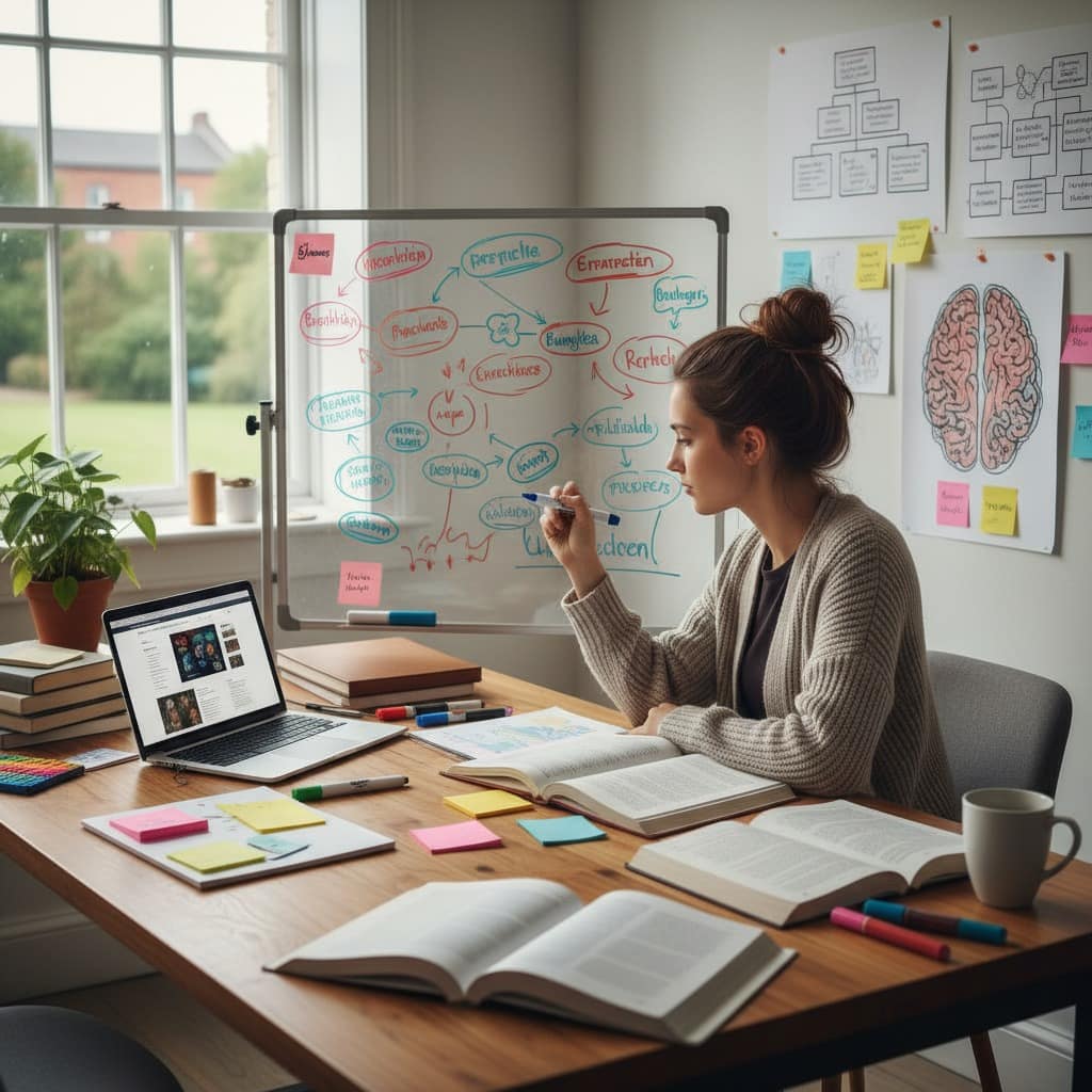 Eine illustrative Grafik für den visuellen Lerntyp auf Wie-Lernen.de. Eine Studentin arbeitet konzentriert an ihrem Schreibtisch vor einem großen Whiteboard voller Mindmaps, Diagramme und kognitiver Netzwerkstrukturen, umgeben von Büchern und Laptops, consistent with established style.