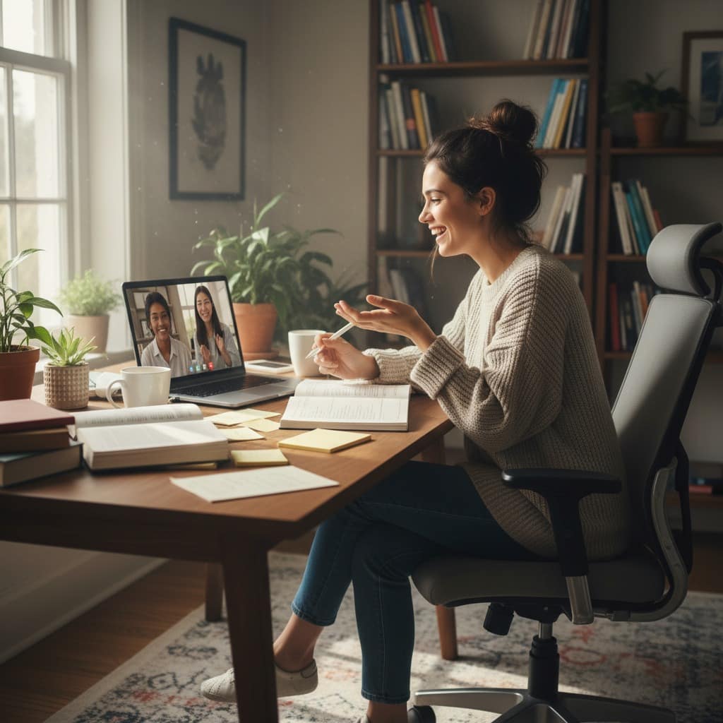 Eine illustrative Grafik für den kommunikativen Lerntyp auf Wie-Lernen.de. Eine lächelnde Studentin nimmt an einem Online-Gruppen-Meeting auf ihrem Laptop teil. Sie gestikuliert beim Sprechen mit anderen Teilnehmern auf dem Bildschirm, surrounded by open books, adhering to previous design consistency.