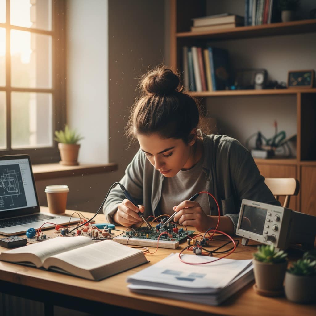 Eine illustrative Grafik für den praktischen Lerntyp auf Wie-Lernen.de. Eine Studentin arbeitet konzentriert an einem Elektronikprojekt an ihrem Schreibtisch. Sie hantiert mit einem Lötkolben, einer Steckplatine und Schaltkreisen, representing kinesthetic learning, within established brand imagery.