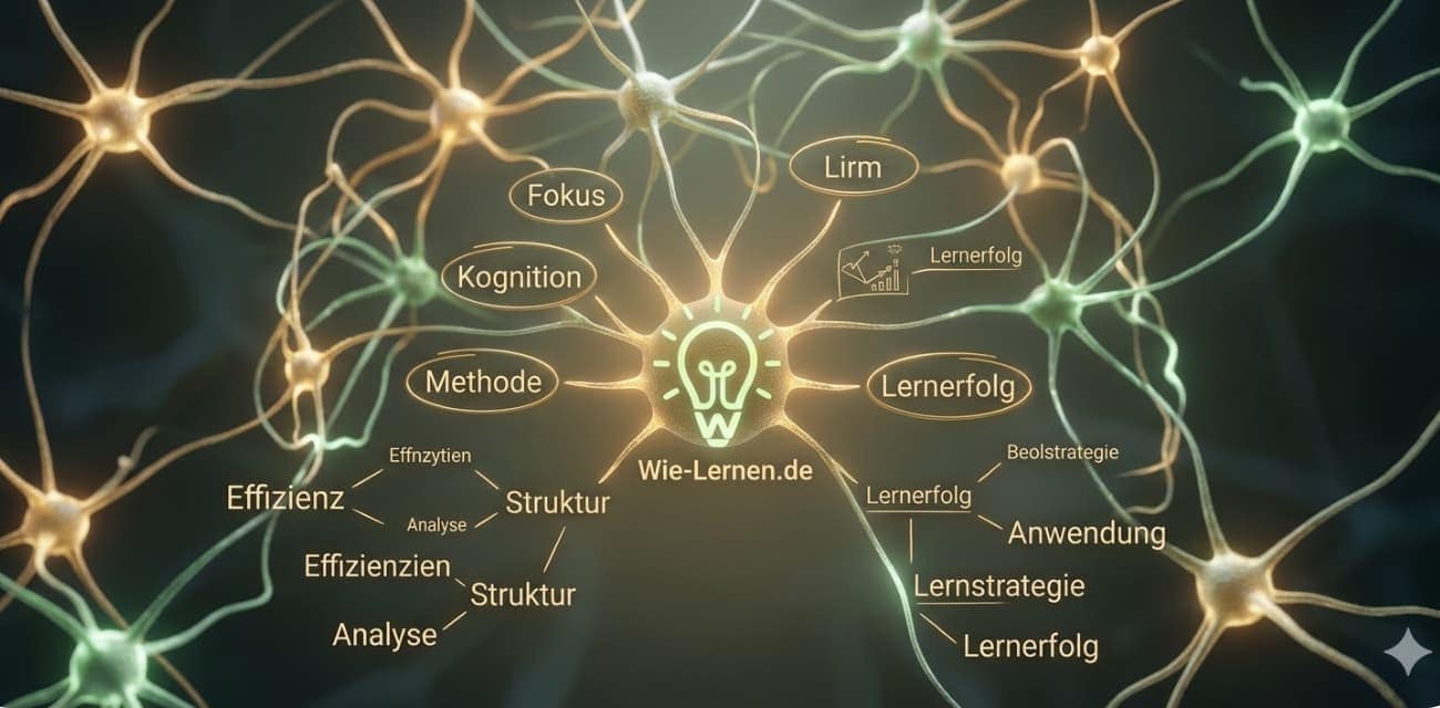 Eine detaillierte dreiteilige Visualisierung des kognitiven Lernansatzes von 'Wie-Lernen.de' auf schwarzem Grund. Links: Technische Datenvisualisierung '100% INDIVIDUELL' für 'PSYCHOLOGISCH FUNDIERTE' Analysen. Mittig: Eine goldene neuronale Netzwerk-Visualisierung mit dem zentralen 'Wie-Lernen.de' Logo und vernetzten Begriffen wie 'Kognition', 'Struktur' und 'Analyse'. Rechts: Ein geschwungener 3D-Graph der 'Freude am Lernen' mit Begriffen wie 'Dopamin-Belohnung' und 'Selbstwirksamkeit', der in 'Lernerfol...' und einer leuchtenden Glühbirne mündet. Alles zeigt die Verbindung von Daten und Gehirn.