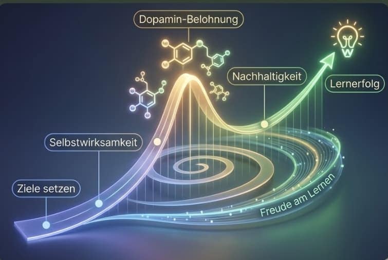 Ein umfassendes dreiteiliges Composite-Bild für 'Wie-Lernen.de' auf dunklem Hintergrund, das den Weg zum Lernerfolg visualisiert. Der linke Teil zeigt ein '100% INDIVIDUELL' Daten-Dashboard für 'KI-GESTÜTZTE ANALYSEN'. Der mittlere Teil ist eine goldene neuronale Netzwerk-Visualisierung mit dem 'Wie-Lernen.de' Logo, vernetzt mit 'Basisstrategie', 'Effizienz' und 'Anwendung'. Der rechte Teil ist ein geschwungener 3D-Graph der 'Freude am Lernen', der durch 'Selbstwirksamkeit' und 'Nachhaltigkeit' zu 'Lernerfol...' führt. Es visualisiert den transformativen Lernprozess.