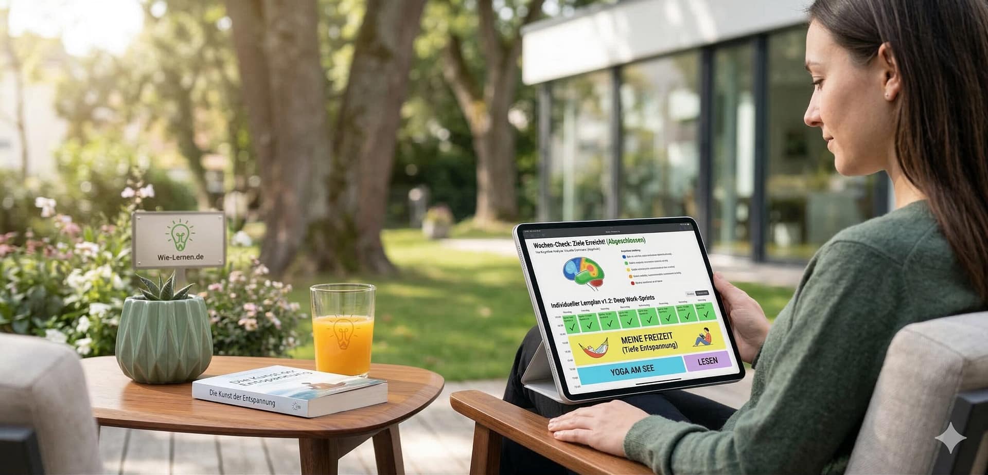 Ein Tablet auf einem Gartentisch zeigt einen personalisierten Wochen-Check und Lernplan mit einer bunten Gehirn-Grafik zur Analyse der Lernstärken.
